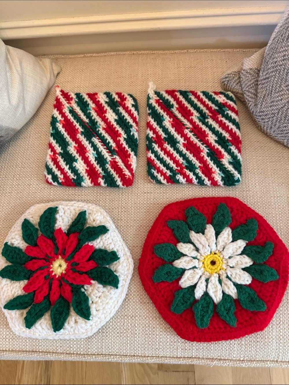 Set of 4 Vintage Handcrafted Red, Green & White Holiday Crochet Potholder Set